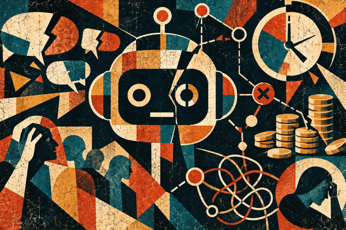 Ilustración retro de un robot de atención al cliente con el rostro partido, rodeado de globos de chat rotos, personas frustradas, un reloj, un enredo de líneas y monedas