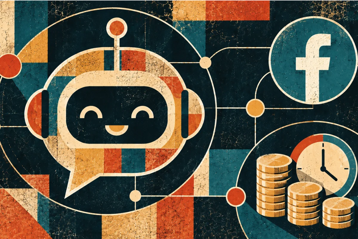 Ilustración retro de un chatbot sonriente dentro de un globo de conversación, conectado al logotipo de Facebook y a monedas apiladas junto a un reloj