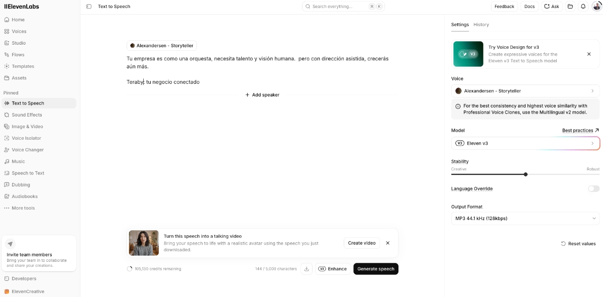 Interfaz de generación de voz con inteligencia artificial de ElevenLabs